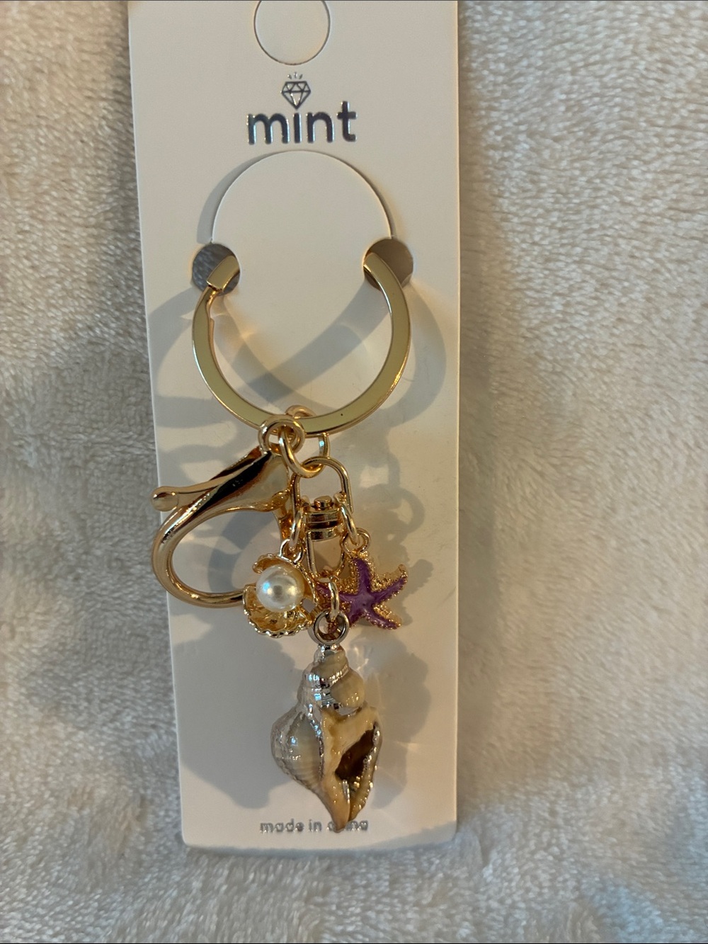 Mint Gold Seashell, Purple Starfish & Pearl Keychain